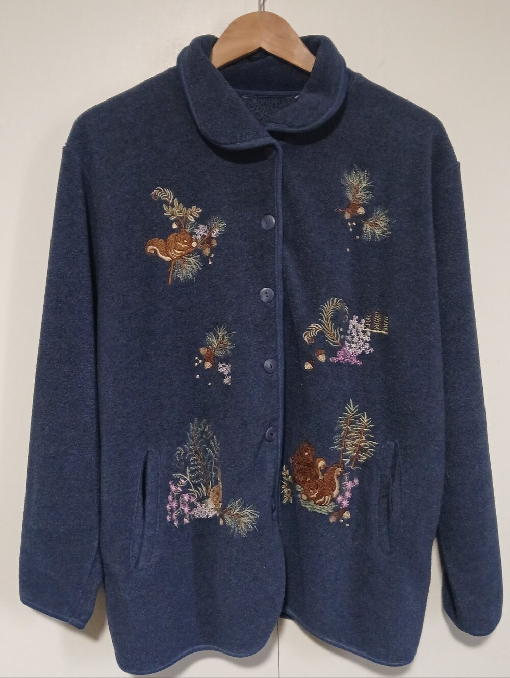 ​Vintage 90s Fleece Cardigan Jacket XL Blue Embroidered Squirrel Rabbit Pine